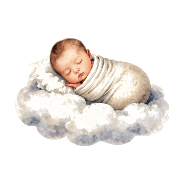 Painted illustration: a sleeping baby on a cloud