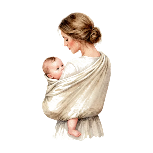 Painted illustration: a mother holding a baby in a woven sling