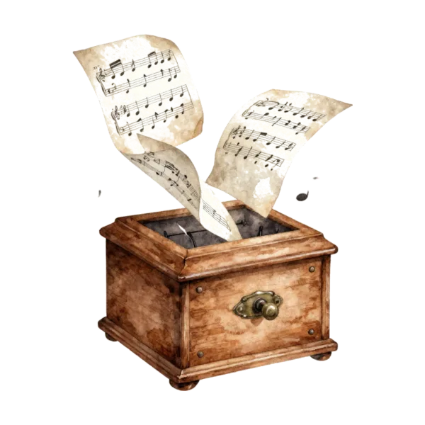 Painted illustration: an open music box with sheet music drifting out