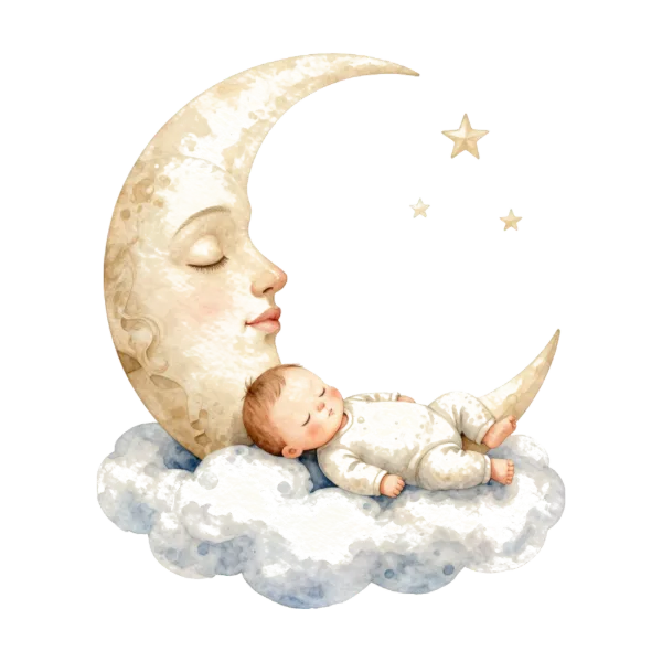 Painted illustration: a baby asleep on a cloud beside a crescent moon