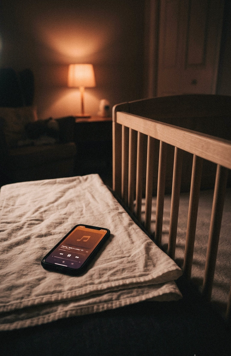 A phone playing a lullaby beside a cot at night